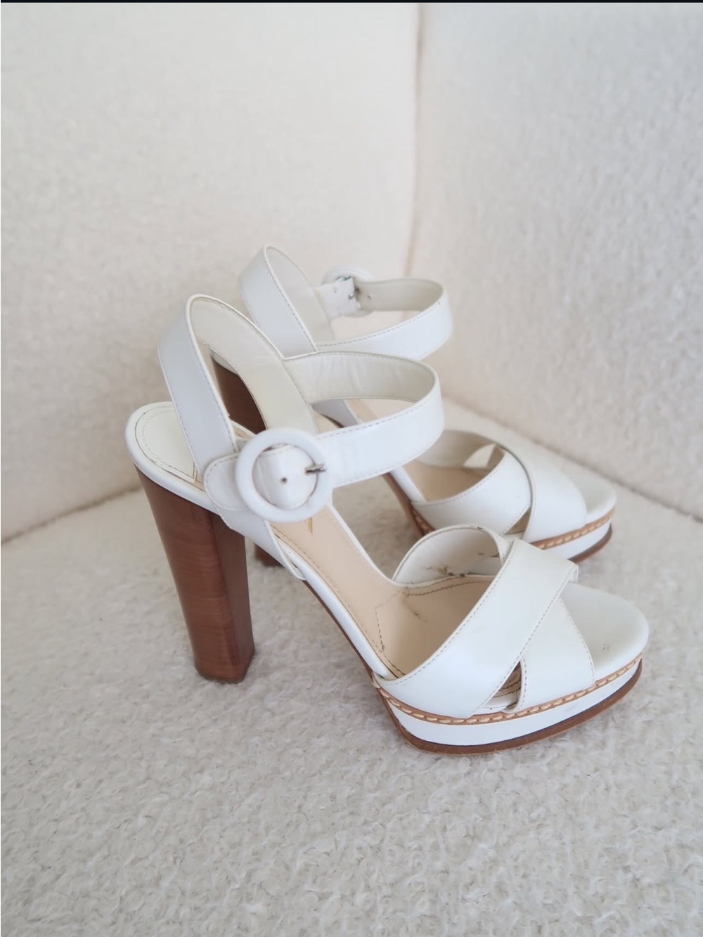 Prada White Leather Platform Heeled Sandals with Buckle